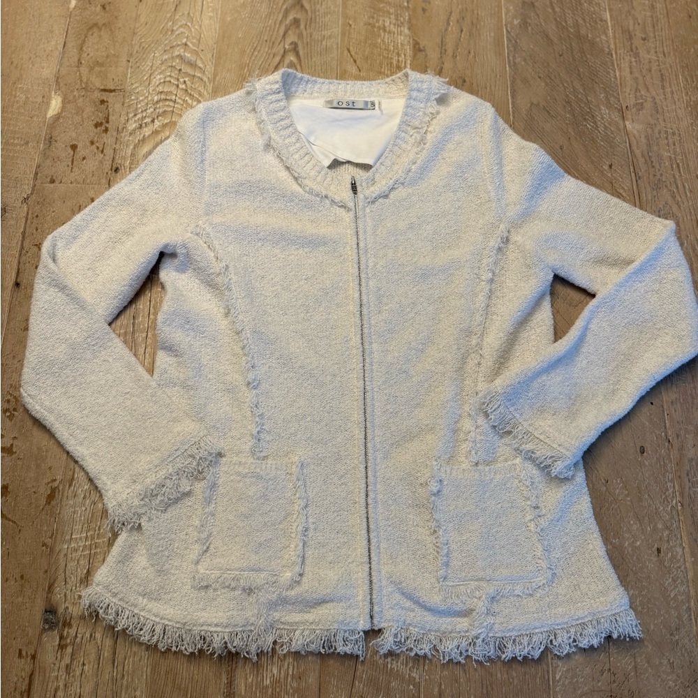Ost Off WhiteTextured Zip SweaterJacket Fringe Small